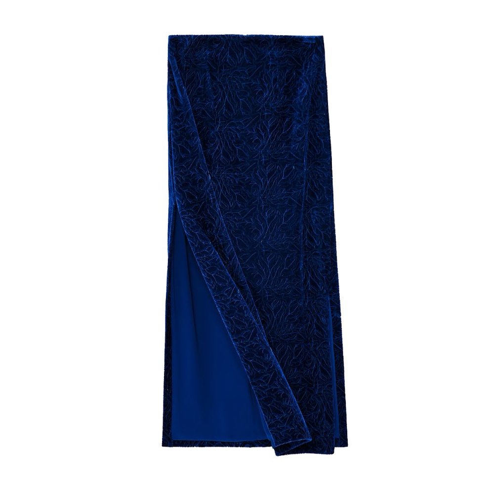 Zara royal blue stitched jacquard velvet midi skirt
